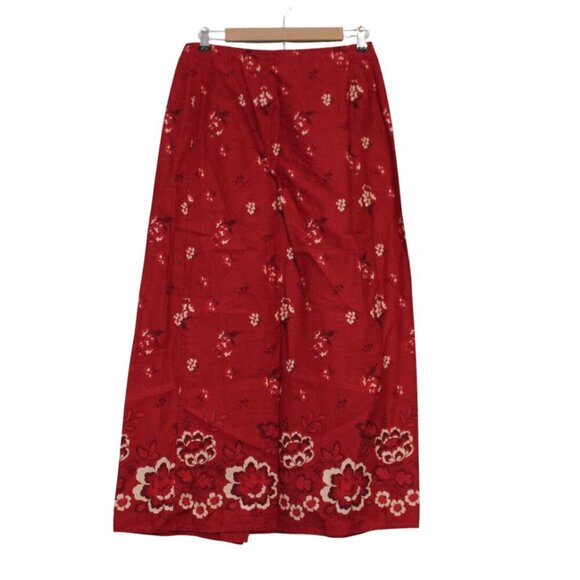 Eddie Bauer Maxi Wrap Skirt Size 8 Linen Cotton Red Floral Lightweight Boho - Picture 6 of 11